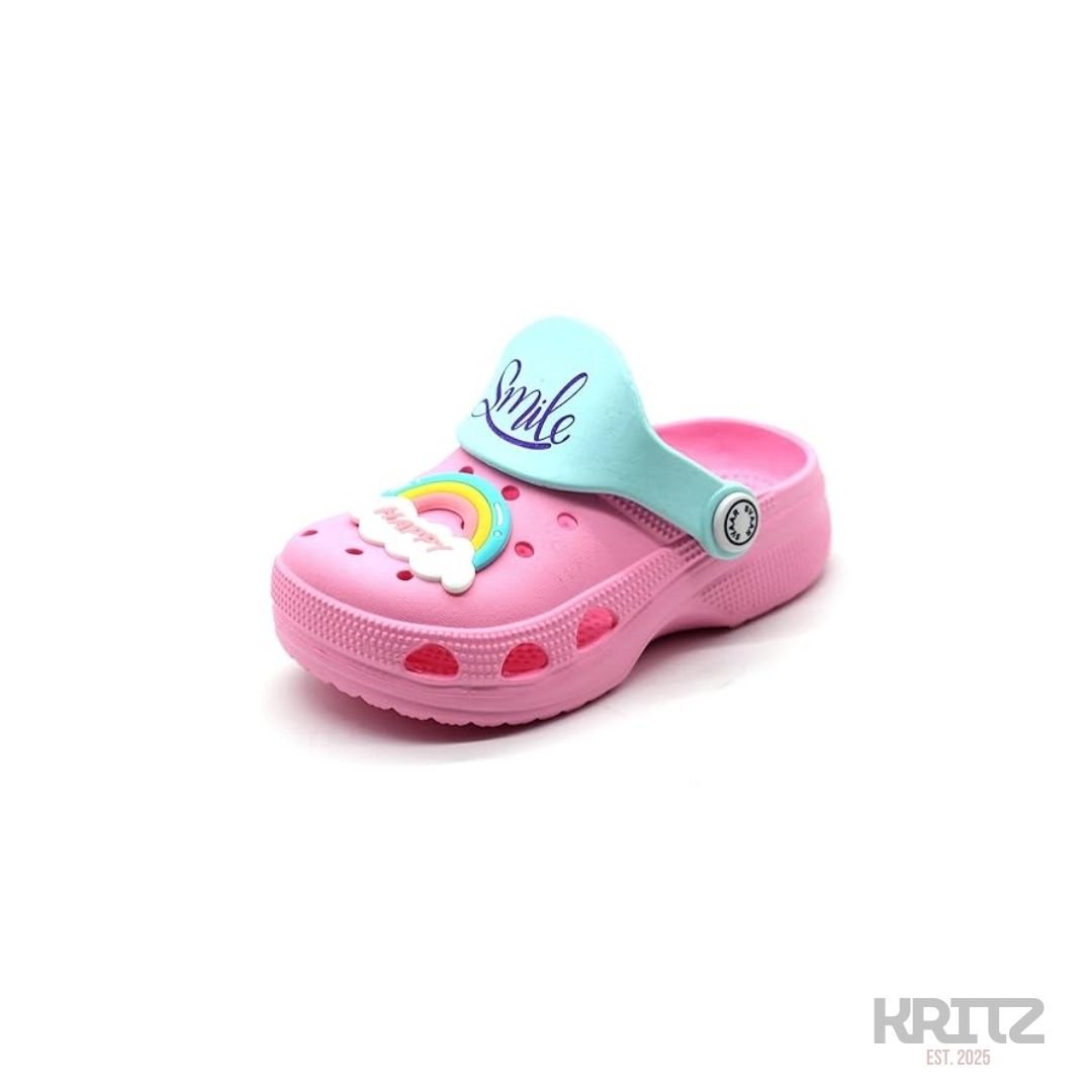 156 Kids Pink Cartoon Clogs with Smile Strap and Cute Cartoon Design