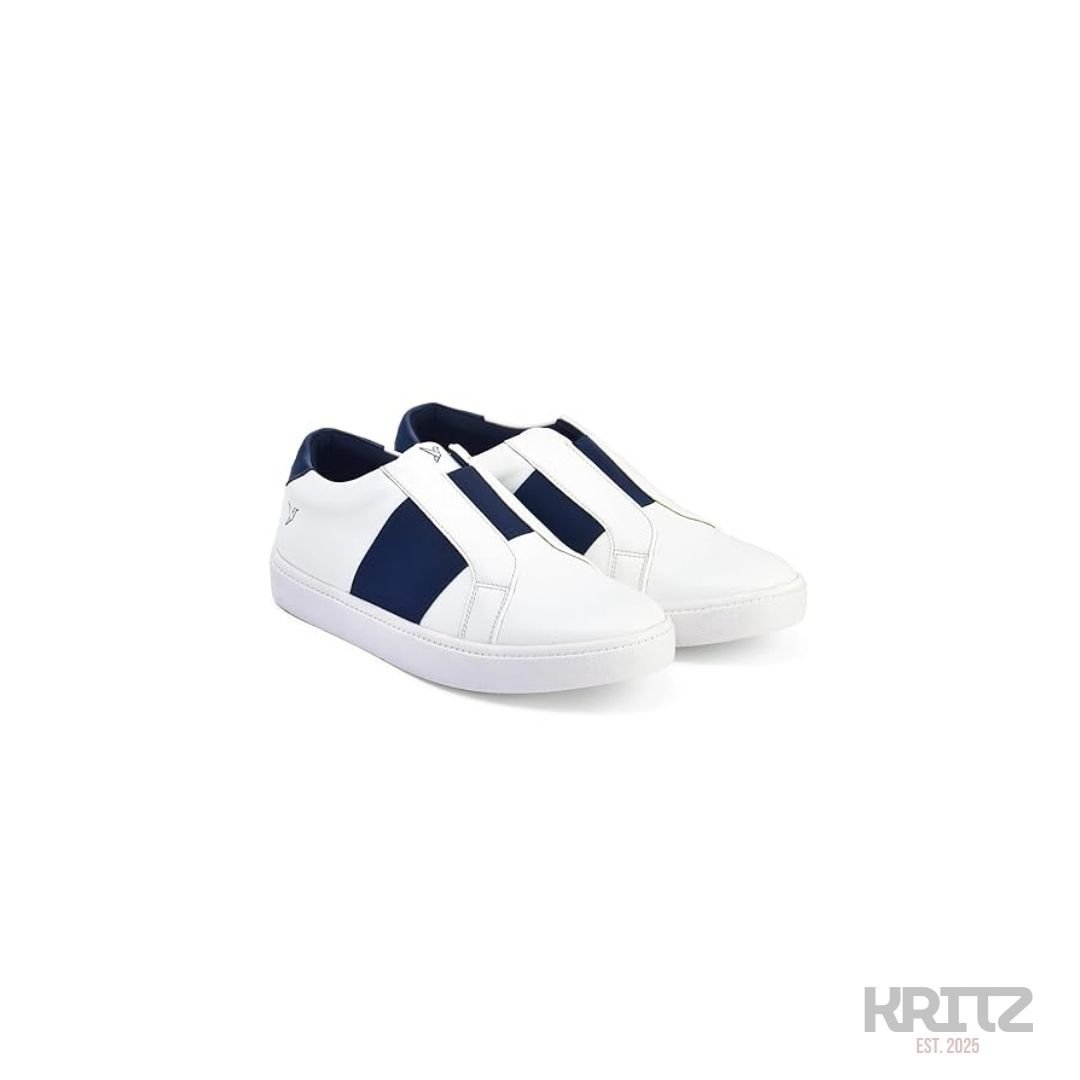 81 White Slip-On Sneakers with Navy Blue Stripe casual shoes for men