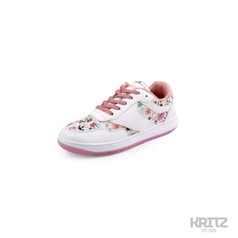 Women floral casual sneakers white and pink low-top shoes
